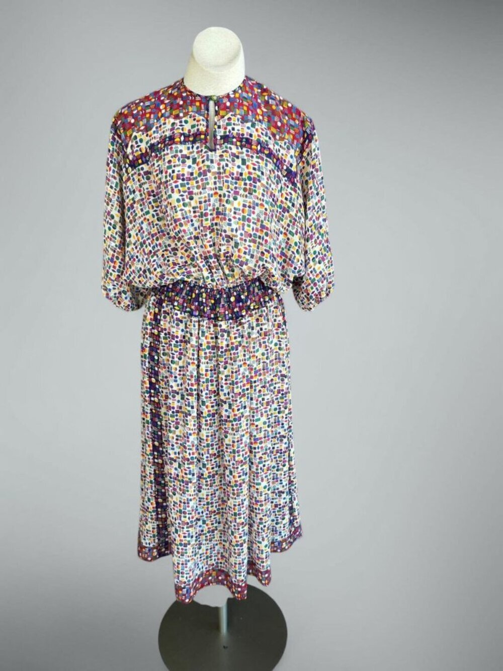 Diane Freis Dress Vintage 80s Colorful Accordion Pleated Blouson Size Medium